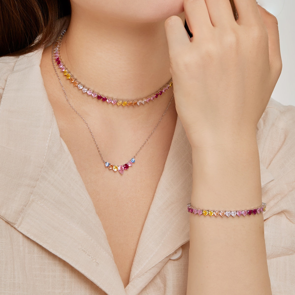 [Regalia jewelry]Sparkling Colorful Full Heart Tennis Necklace