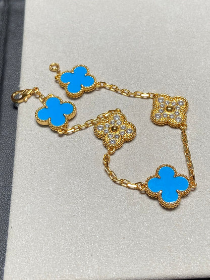 [Regalia jewelry]CLOVER 5 MOTIF BLUE CHALCEDONY DIAMOND GOLD BRACELET